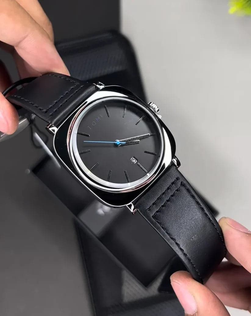 TOMI Original Men’s Black Leather Watch | Analog Date Display | Premium Stainless Steel