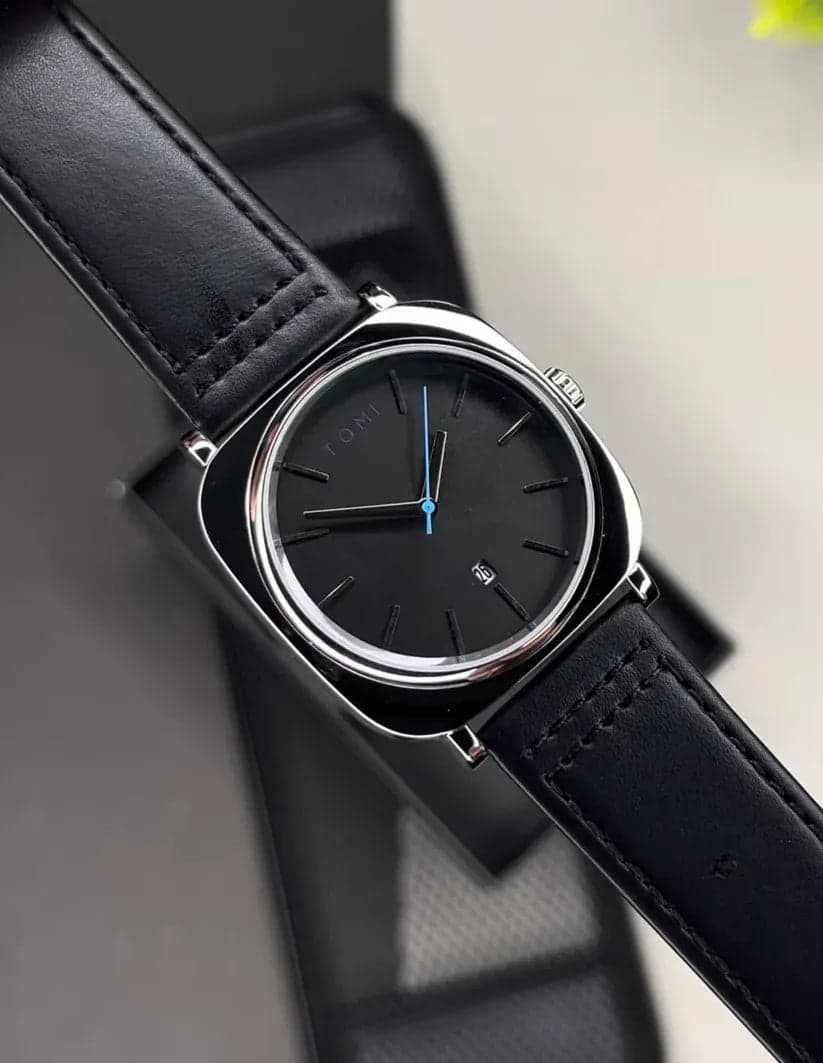 TOMI Original Men’s Black Leather Watch | Analog Date Display | Premium Stainless Steel